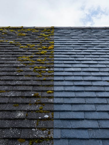 Straight-on architectural crop of a split-screen before and after restoration of an Irish slate roof, left side dark with green moss, right side clean blue-grey slate under bright overcast daylight.
