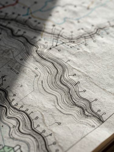 Extreme close-up of a hand-drawn topographical map on textured paper, showing contour lines and hand-written coordinates, soft side lighting casting deep shadows on the paper texture.