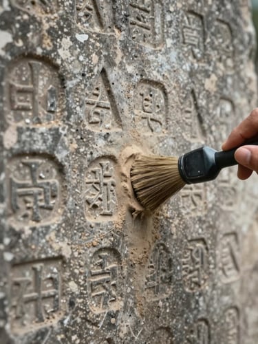Extreme close-up of an archaeologist's hand brush clearing dust from a carved stone inscription on a weathered monument, natural side lighting highlighting the ancient letters