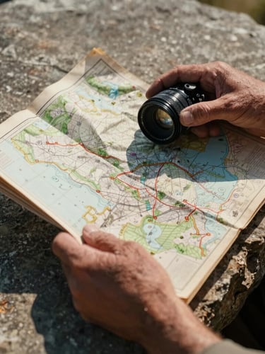 Close-up of weathered hands holding a vintage topographical map over rough stone surface, harsh natural sunlight casting deep shadows.