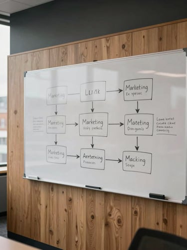 Moody editorial photography of a modern Lancashire office, sharp focus, natural overcast daylight, physical whiteboard with sketched marketing pipelines, warm wood tones.