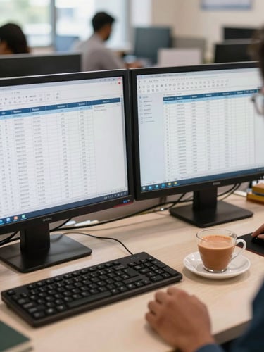 A busy Indian wholesale distribution office, dual monitors showing structured order tables next to a cup of hot chai, natural morning light, realistic editorial photography, 35mm lens