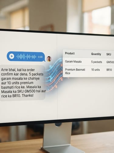 Straight-on high-fidelity software UI mockup showing a Hinglish WhatsApp voice message on the left transforming into a clean, structured table with columns for Product, Quantity, and SKU on the right, bright screen glow, realistic 35mm lens.