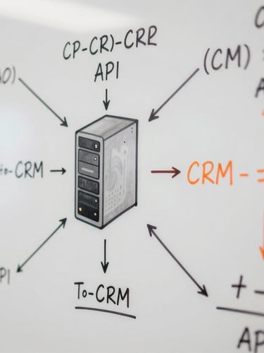 Tight macro shot of a clean white whiteboard covered in complex attribution flowcharts, server-to-CRM API mappings, and mathematical formulas written in black and orange marker.