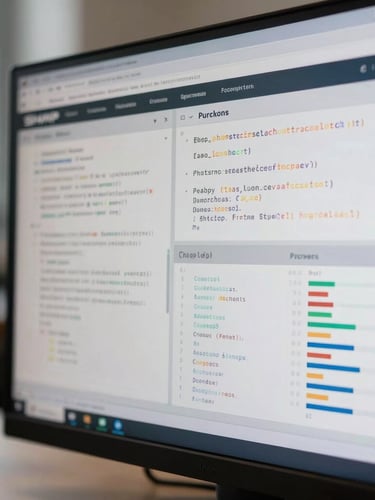 Sharp macro photograph of a technical attribution dashboard on a monitor, unblurred SQL queries and post-purchase cohort metrics visible, high-contrast office daylight.