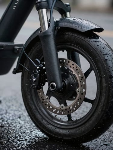 Tight macro shot of a rugged electric scooter disc brake and folding hinge, wet metal textures, overcast daylight, shallow depth of field