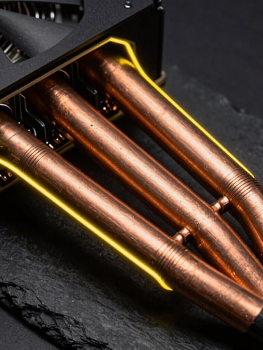 Extreme close-up of a high-end graphics card copper heat pipes, dramatic yellow rim lighting, dark slate background, macro lens