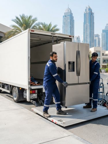 A clean professional moving truck parked in Dubai, with team members in clean uniforms carefully loading a modern double-door refrigerator, bright daylight, crisp details.