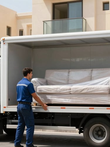 A clean professional delivery truck parked outside a residential building in Dubai, professional movers loading a clean wrapped sofa, bright daylight, realistic commercial photography