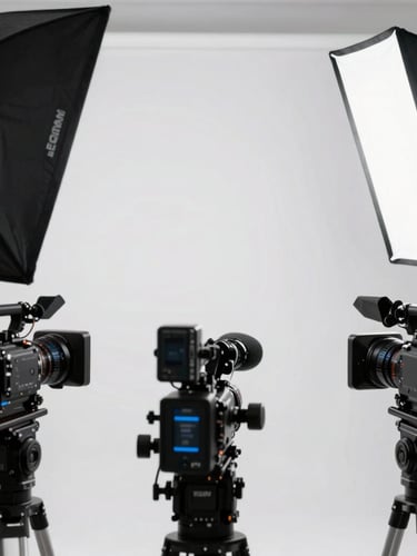 Crisp commercial photography of a clean corporate interview setup with professional lighting grids, softboxes, and cinema cameras, 35mm