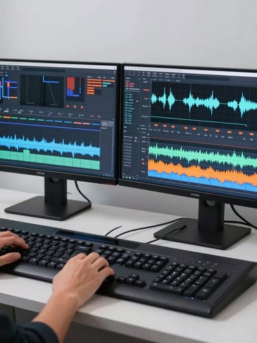 A clean, modern editing suite with glowing dual monitors displaying color grading waveforms, hands resting on a professional control console, 35mm