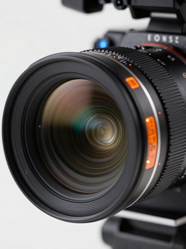 Macro close-up of a high-end cinema camera lens with orange and blue tally lights, clean studio lighting, sharp focus, 35mm