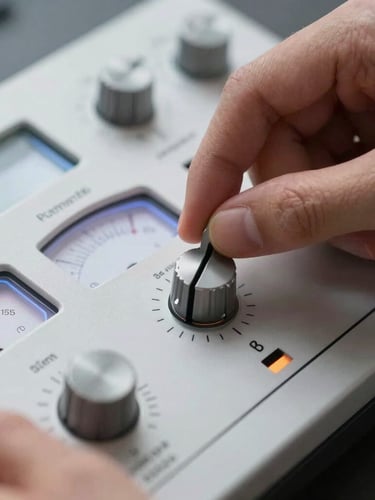 Macro close-up of hands operating a professional physical media deck, glowing VU meters, analog dials, clean studio lighting, 35mm