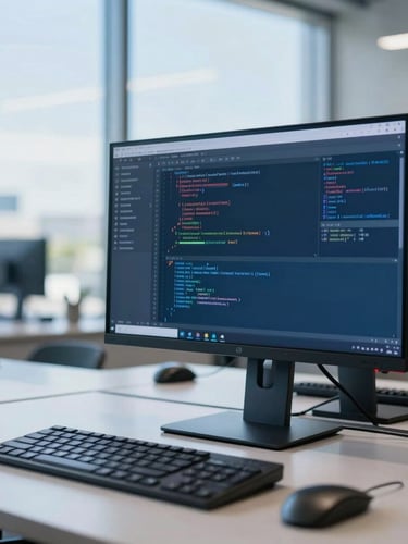 Cool editorial photography of a modern Texas tech workspace, bright natural daylight, crisp blue and slate tones, sharp focus, architectural details on a monitor screen showing code, 35mm