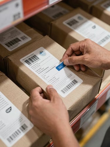 Overhead close-up of a logistics worker's hands sorting product SKUs on a warehouse shelf in natural daylight, barcoded packaging labels clearly visible, shallow depth of field pulling focus to the product organization
