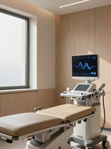 Minimalist clinical interior of a high-end ultrasound room, warm natural light from a large window on the left, comfortable leather examination table, sleek diagnostic monitor showing clean abstract blue waves, no people, architectural symmetry, premium materials like brushed aluminum and light oak wood.