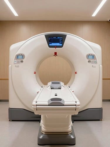 Symmetrical architectural shot of a clinical scanning room, soft warm titanium walls, a modern CT scanner with brushed aluminum details in the center, indirect ambient light, no people.