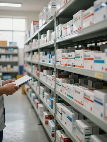 Wide environmental shot inside a pharmaceutical warehouse, densely stocked shelves of medicine boxes receding into the distance, daylight through high windows casting even light across the inventory, a worker's hands visible mid-reach on the left foreground