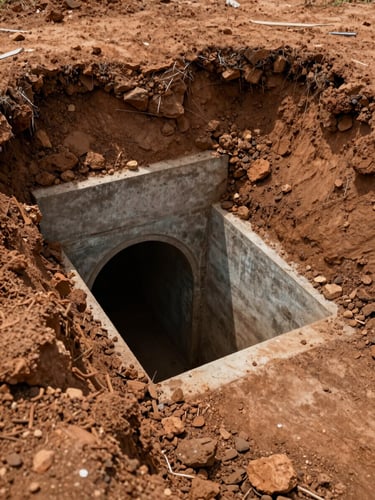 Close environmental frame of a culvert drainage structure in laterite soil, natural daylight from above, concrete headwall visible at left, surrounding earth cut exposed, no people, technical documentation framing