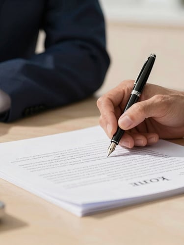 Close-up of hands signing legal documents with an elegant fountain pen on a warm sand surface, soft natural daylight, shallow depth of field
