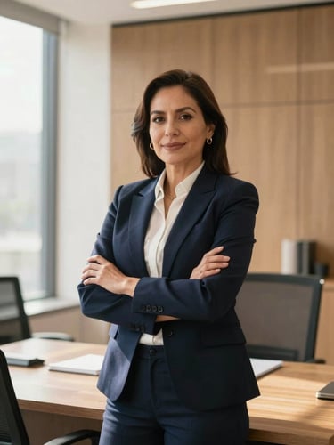 Portrait of a confident Mexican attorney in a modern office in CDMX, warm natural daylight, soft shadows, professional setting, 50mm