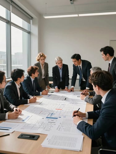 Wide environmental shot of a small professional team gathered around a large strategy document on a conference table, natural daylight streaming from tall windows to the left, papers and notes visible on the surface, no one looking at camera, collaborative decision-making moment