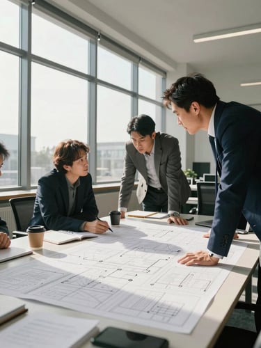 Wide environmental shot of a small team gathered around a large table covered in strategy documents, natural daylight streaming from tall windows on the left, three people leaning in mid-discussion, coffee cups and notebooks visible, no one looking at camera