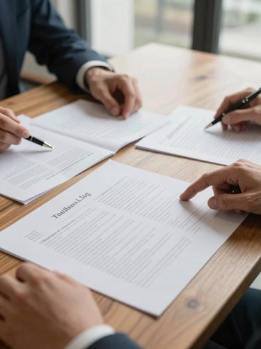 Close-up of hands spreading printed strategy documents across a wide wooden table in a daylit room, a pen resting on one sheet, a second pair of hands visible at the edge pointing to a section of text, natural window light, no faces visible