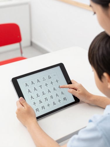 Hands of a teacher and a young child interacting with a tablet showing Chinese character stroke orders, bright daylight, clean modern classroom, close-up shot.