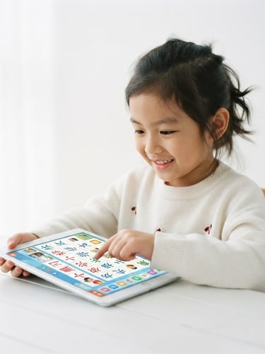 Bright editorial photography, soft natural daylight, clean white background, a child interacting with a tablet displaying colorful Chinese characters, crimson accents, shallow depth of field.