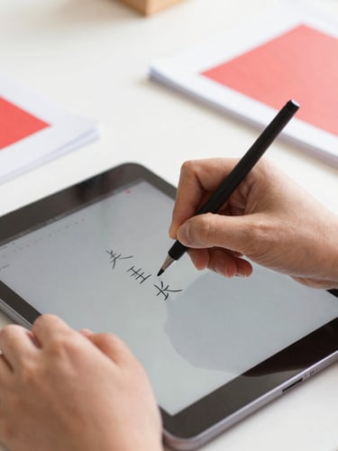 Close-up of hands tracing Chinese characters on a digital tablet, clean flat-lay of educational materials, bright natural daylight, crimson accents, shallow depth of field