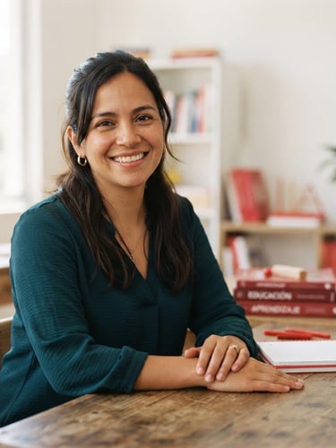 Portrait of educator María Gabriela Hernández Terranova in a bright, naturally lit room, smiling warmly, with subtle crimson red learning materials on a wooden desk in the soft focus background, editorial 35mm photography.