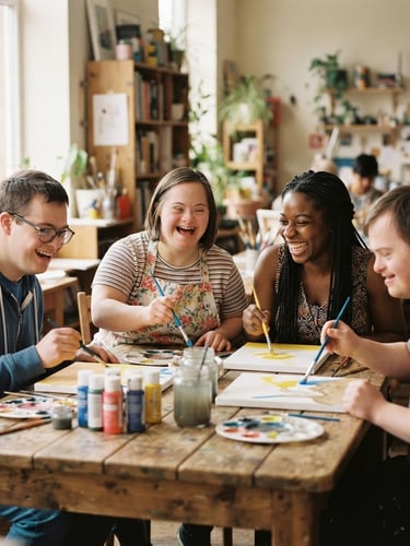 A warm, sunlit interior of a community hub where a small group of diverse individuals with special needs are laughing and painting together at a wooden table, soft natural daylight, shallow depth of field, authentic human connection.