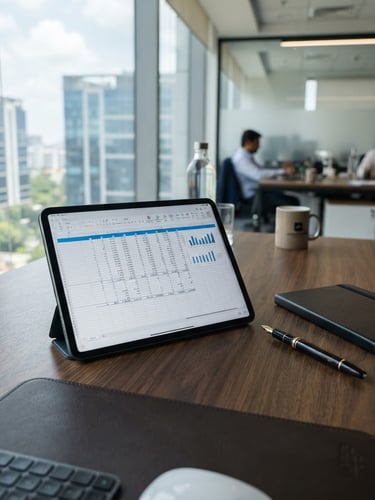An organized modern corporate workspace in Bengaluru, natural daylight, a tablet displaying a clean financial spreadsheet next to a fountain pen on a dark oak desk, 35mm, professional editorial.