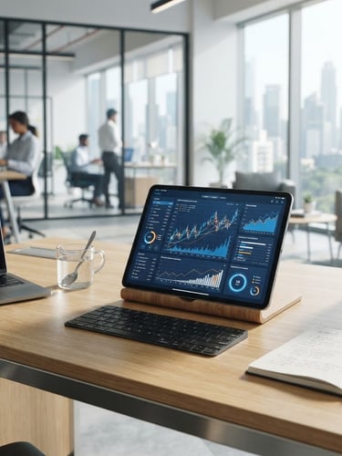 A bright, professional modern Indian corporate office desk with a tablet showing financial charts, clean architectural lines, natural daylight, 35mm