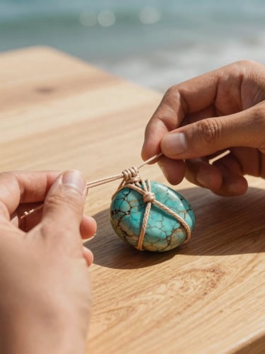 Hands of an artisan weaving intricate micromacramé threads around a raw turquoise stone, warm direct sunlight, dramatic shadows, sandy wood table.