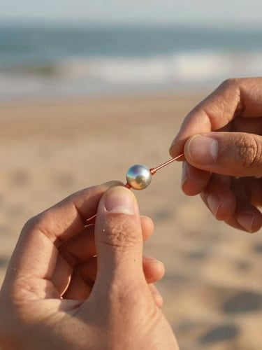 Close-up of artisan hands carefully wrapping copper wire around a raw grey pearl, warm golden-hour sunlight casting long shadows on a sandy textured background, macro depth of field