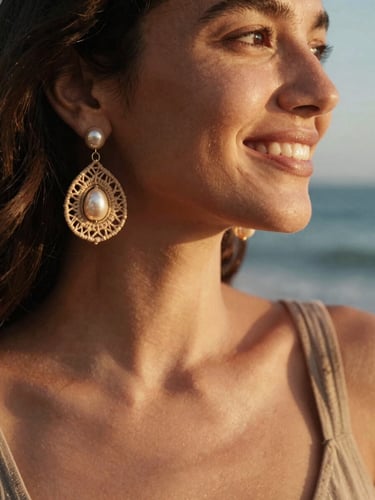 Close-up of a smiling woman wearing micromacramé earrings with local pearls, warm golden-hour coastal sunlight casting soft shadows, 35mm film style.