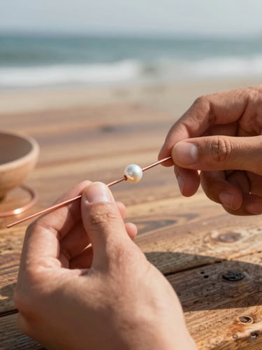 Close-up of artisan hands holding raw copper wire and a local pearl, natural sunlight casting soft shadows on a rustic wooden table, warm editorial style.