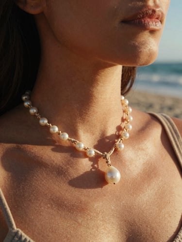 Close-up of a woman wearing a delicate micromacramé collar with a local pearl, sun-kissed skin, warm direct golden-hour sunlight casting long shadows, Sea of Cortez beach background, 35mm film.