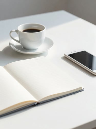 A clean minimalist desk with a white coffee cup, a neat notebook, and a sleek smartphone in bright natural morning light, soft shadows