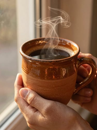 A thick-rimmed terracotta ceramic mug filled with steaming coffee, held by warm hands in golden-hour window light, highlighting the physical texture of the glaze.