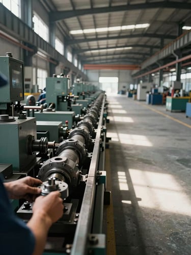 Wide panoramic factory floor interior, heavy industrial machinery in mid-operation to the left third, natural overhead shop lighting casting clean shadows across steel components, a worker's hands adjusting a fitting in the foreground, generous negative space to the right