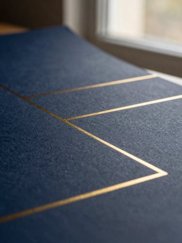 Macro photograph of heavy textured archival paper with gold foil geometric lines, soft side lighting, corporate editorial style, 35mm