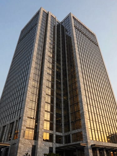 Architectural wide angle of a modern financial headquarters in Mumbai, soft golden hour window light reflecting on glass and marble facades, 35mm editorial photography, deep navy and warm gold tones
