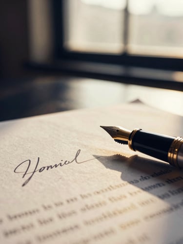 Macro close-up of a signed financial contract on heavy textured cream paper, elegant fountain pen resting on the side, soft golden hour window light.