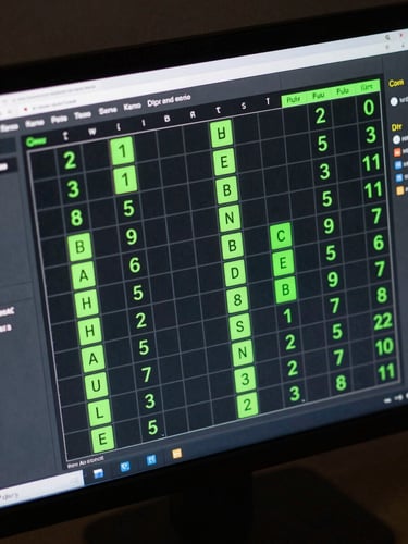 Tight overhead close-up of a dark monitor showing AI Keno spot-selection interface with real-time payout grid, neon green accent highlights on probability cells, cool high-contrast studio lighting, no people
