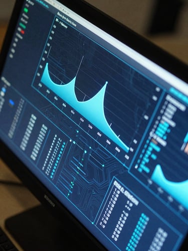 Overhead tight close-up of an agent dashboard on a dark monitor, electric blue data-visualization lines and probability columns illuminated by cool studio strobe light, circuit-board texture visible beneath the screen glass