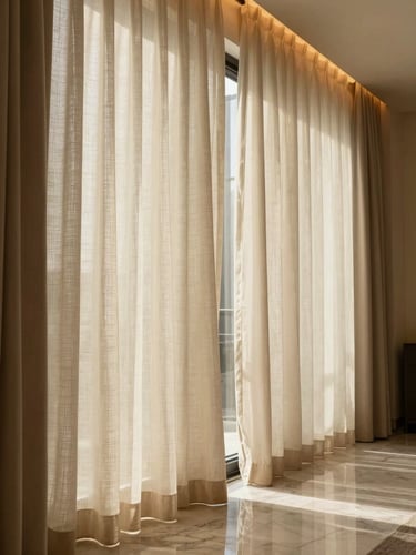 Wide panoramic hotel window treatment scene, floor-to-ceiling heavy linen curtains in warm ivory drawn partially open, warm tungsten interior light illuminating the fabric drape and weave weight, polished marble floor visible at bottom edge, room receding into soft dark background on the right