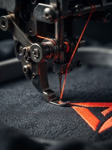 Tight macro shot of neon-orange thread feeding into an industrial embroidery machine, high-contrast studio lighting, rich dark charcoal background, sharp focus on fabric fibers.